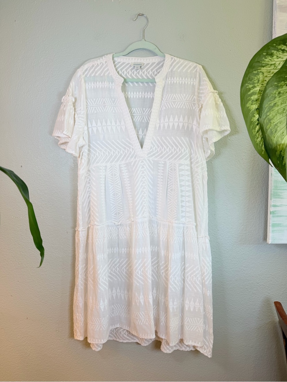 Sundance Everyday Traveler Cotton Bohemian Eyelet Sheer White V-Neck Dress L